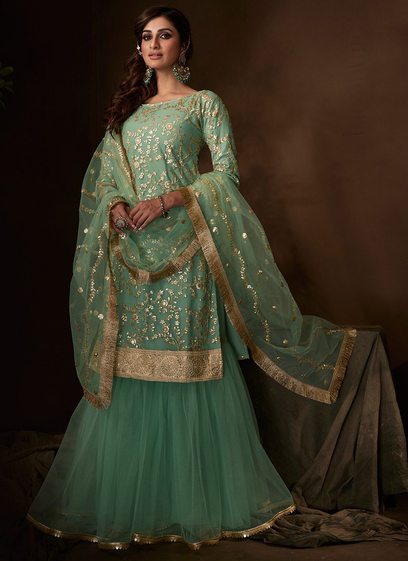 Green Sangeet Party Net Sequinned Sharara Suit FZ100 - ShreeFashionWear  