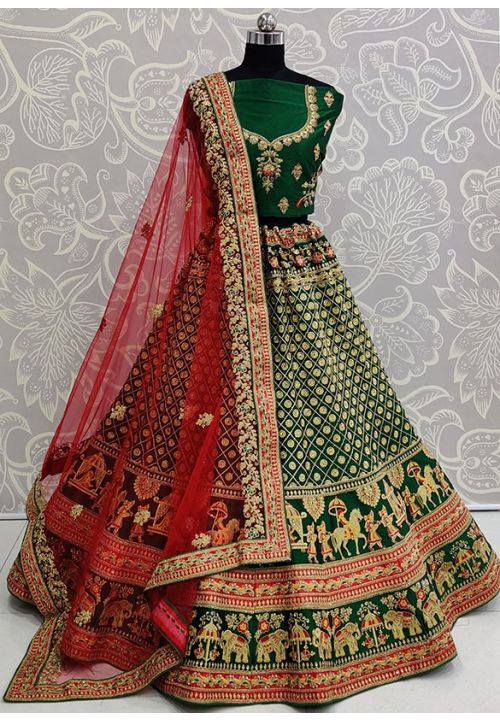 Green Super Heavy Bridal Lehenga In Satin With Stone Work SIYA3231 - ShreeFashionWear  