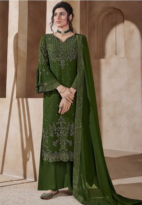 Green Swarovski Work Georgette Palazzo Kameez Suit EYS67804 - ShreeFashionWear  