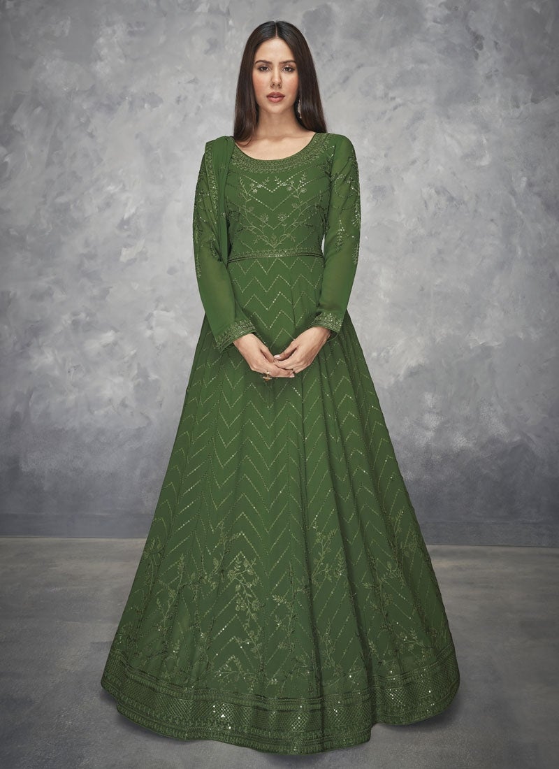 Green Wedding Anarkali Churidar Suit In Georgette SFZ104531 - ShreeFashionWear  