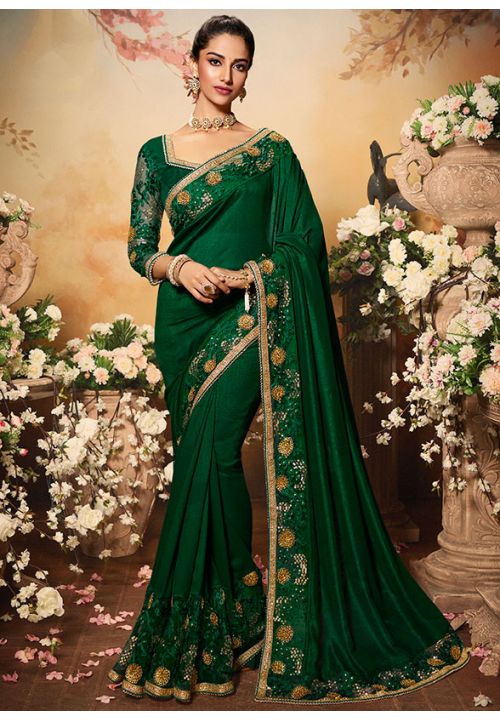 Green Wedding Evening Sangeet Silk Saree SHRSK12105B - ShreeFashionWear  