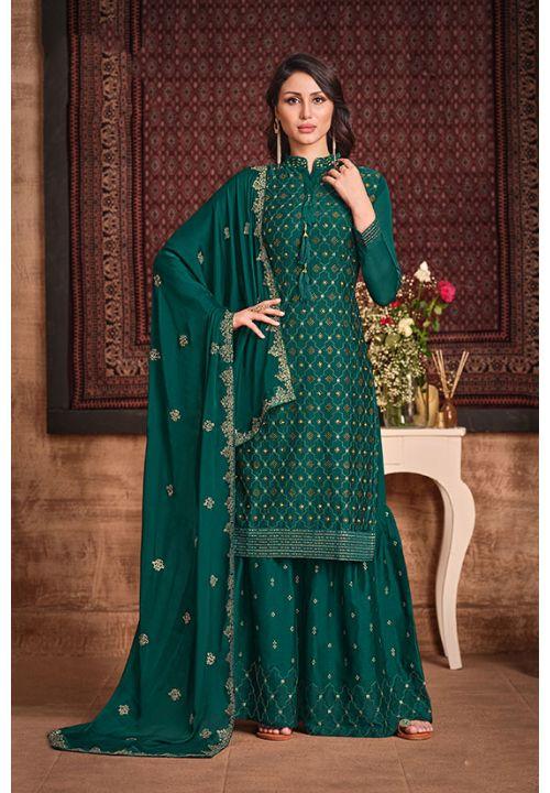 Green Wedding Sangeet Palazzo Sharara Suit Silk Georgette SFYS65802 - ShreeFashionWear  