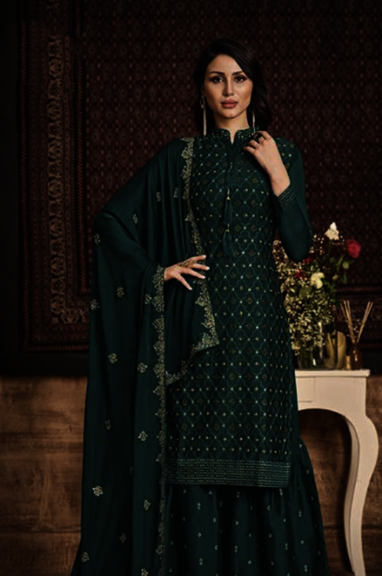 Green Wedding Sangeet Palazzo Sharara Suit Silk Georgette SFYS65802 - ShreeFashionWear  