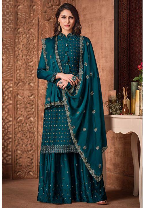 Green Wedding Sangeet Palazzo Sharara Suit Silk Georgette SFYS65804 - ShreeFashionWear  