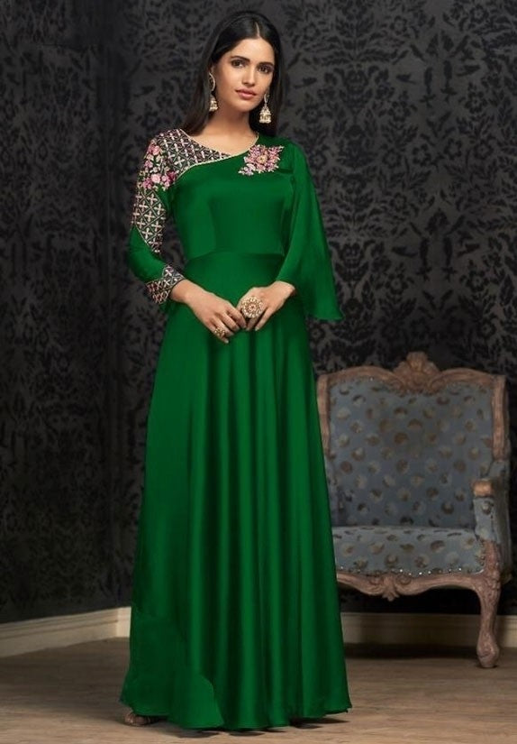Green Readymade Gown In Georgette Fabric YD67 - ShreeFashionWear  