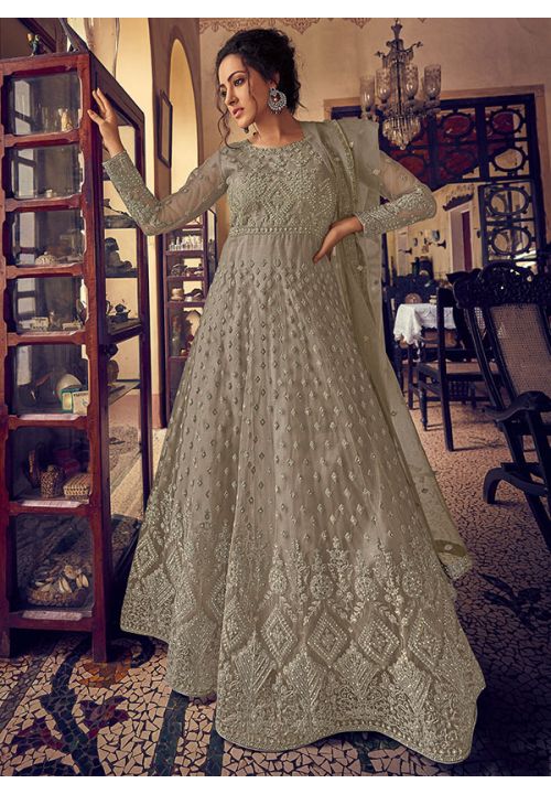 Grey Bridal Anarkali Gown In Net Lucknowi Work SFYS61304 - ShreeFashionWear  