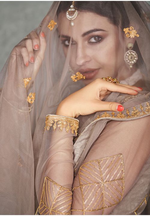 Grey Bridal Anarkali Gown In Net Lucknowi Work SFYS62203 - ShreeFashionWear  