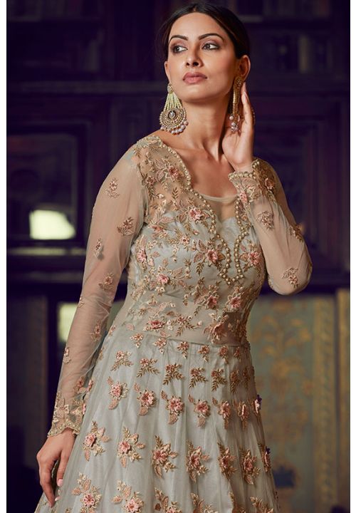 Grey Bridal Indian Pakistani Anarkali Gown In Net SFSA235801 - ShreeFashionWear  