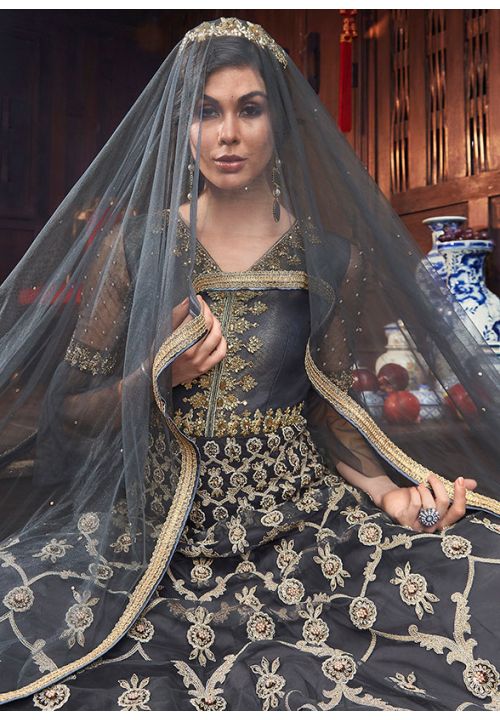 Grey Bridal Net Anarkali Gown With Stone Work SFSWG5408 - ShreeFashionWear  