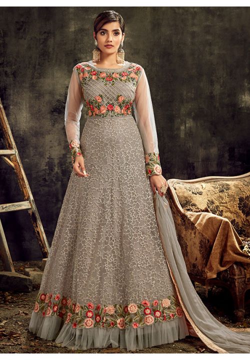Grey Floral Bridal Long Anarkali Gown In Net SFHLD2703 - ShreeFashionWear  