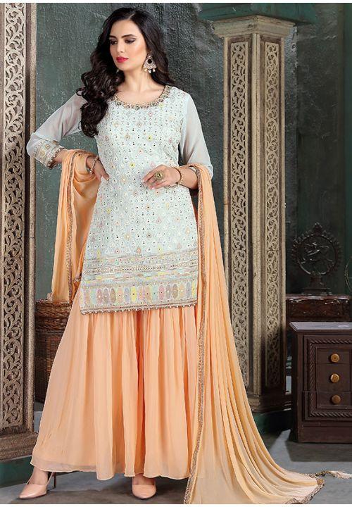Grey Georgette Designer Gharara Salwar Suit Mirror Work SKN58803R - ShreeFashionWear  
