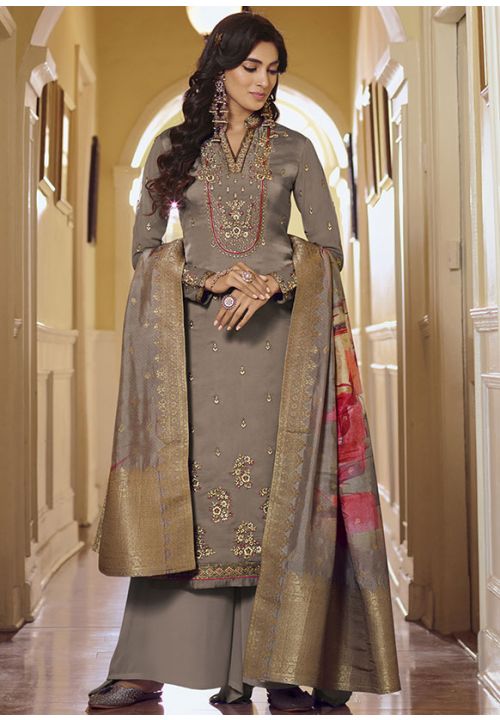 Grey Indian Pakistani Satin Suit Wedding Palazzo Suit  SFSTL14502 - ShreeFashionWear  