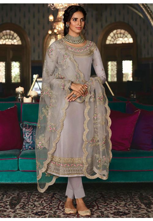 Grey Indian Pakistani Tussar Plus Size Silk Salwar Pant Kameez SFSA233004 - ShreeFashionWear  