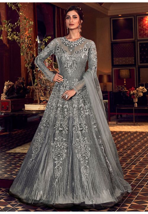 Grey Online Bridal Anarkali Gown In Net SFSWG6006 - ShreeFashionWear  