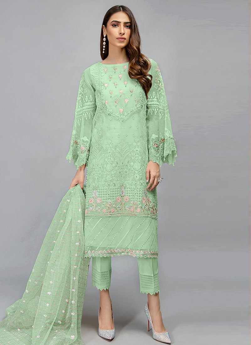 Green Organza Pakistani Cigratte Style Salwar Kameez Pants FZ0894 - ShreeFashionWear  