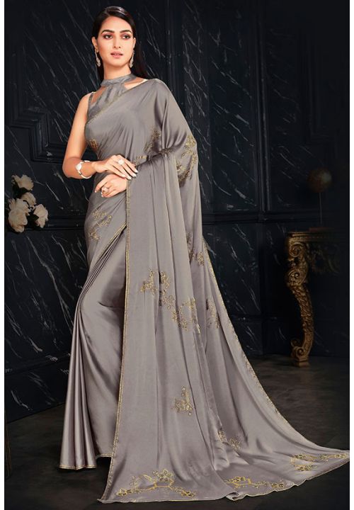 Grey Partywear Saree In Silk With Swarovski  Work SA271905 - ShreeFashionWear  