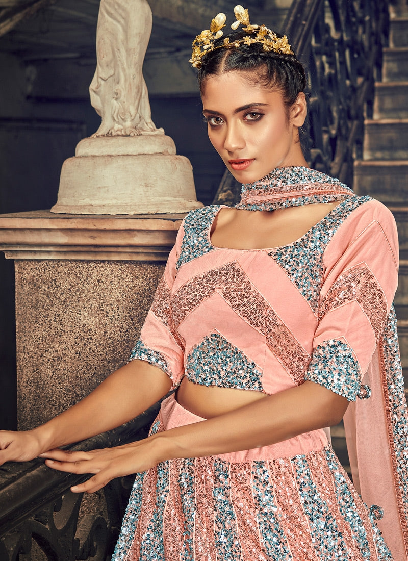 Buy Pink Ethnic Grey Net Semi-Stitched Lehenga & Unstitched Blouse with  Dupatta (Set of 3) online
