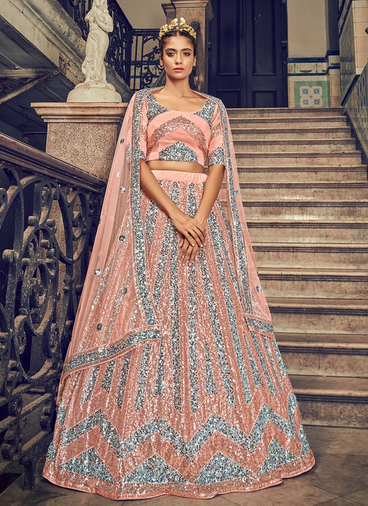 Grey Peach Net Festive Wedding Reception Lehenga FZ91916 - ShreeFashionWear  