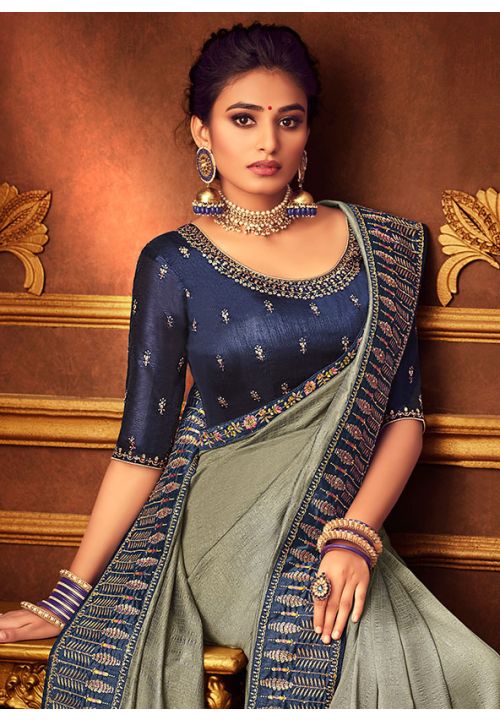 Designer Grey Saree with Zardosi Border | Bengal Looms