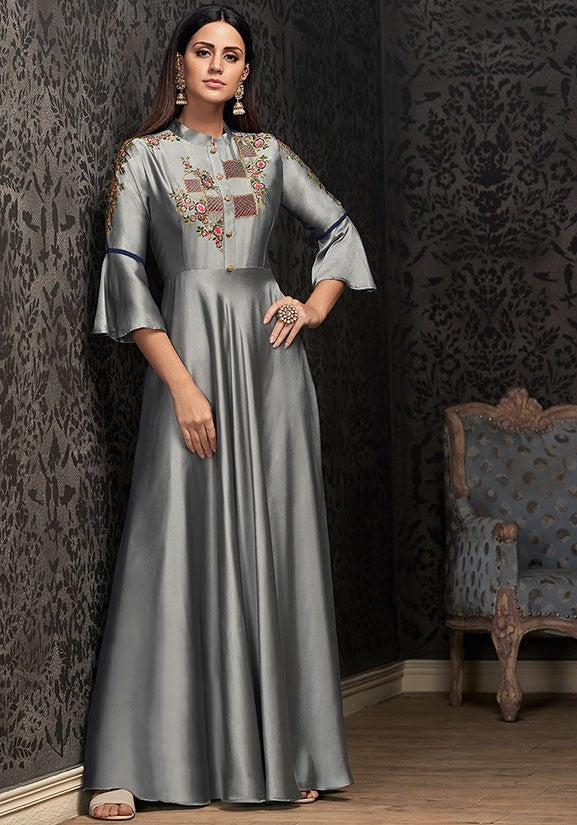 Grey Readymade Gown In Georgette Fabric YD61 - ShreeFashionWear  