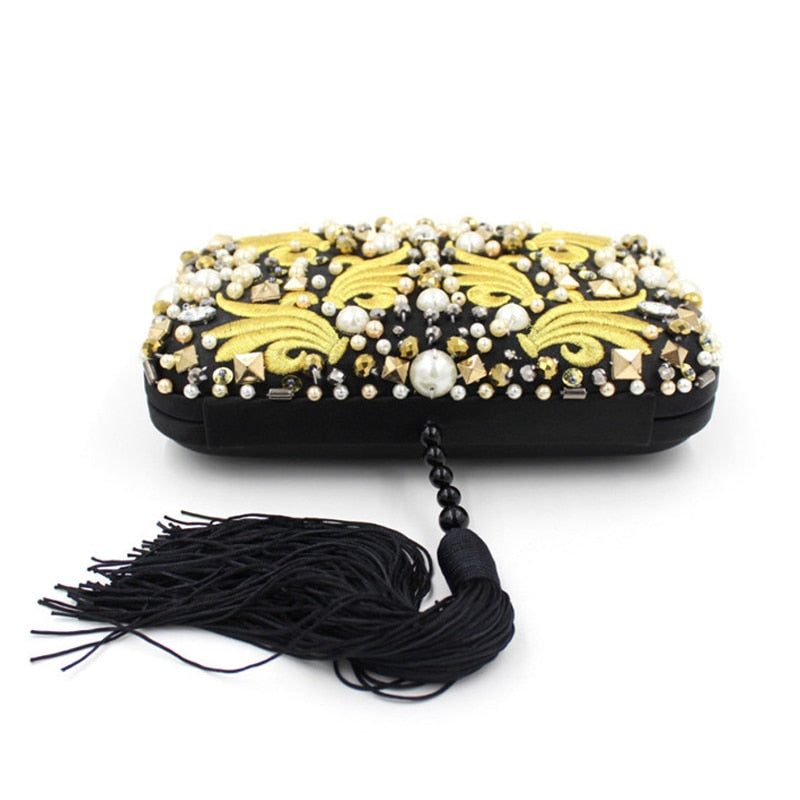 Luxury Pearl Beads Diamonds Gold Embroidery Clutch Bag SR5003