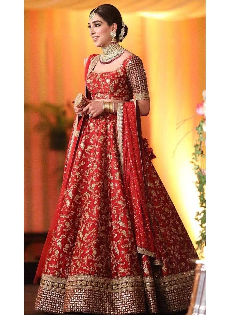 Vintage Red Mirror Work Bridal Wear Lehenga Choli In Silk SFIN225 - ShreeFashionWear  