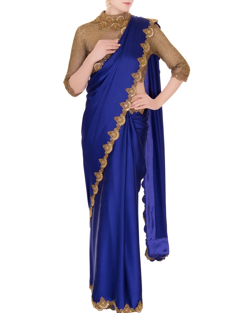Blue Evening Party Saree In Satin With Gold Blouse SFINS54 - ShreeFashionWear  
