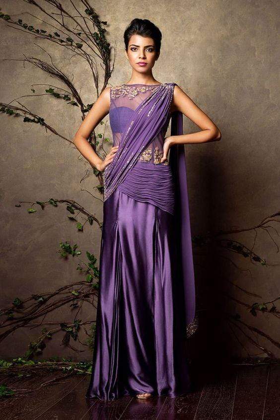 Galvanize Purple Silk Saree Gown Zari Work SF081IN - ShreeFashionWear  