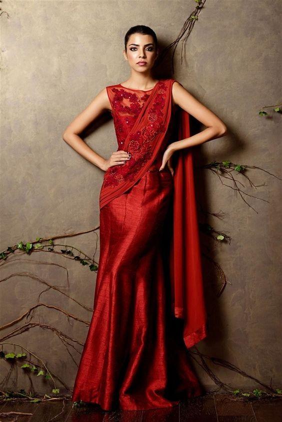 Galvanize Red Silk Saree Gown Zari Work SF080IN - ShreeFashionWear  