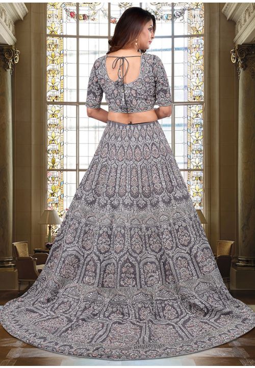 Heavy Grey Bridal Lehenga Set Full Hand Embroidery Net SYD0255 - ShreeFashionWear  