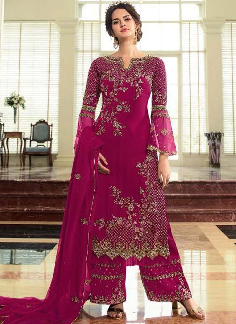 Hot Magenta Pink Wedding Party Palazzo Suit Satin Georgette SFFZ81509 - ShreeFashionWear  