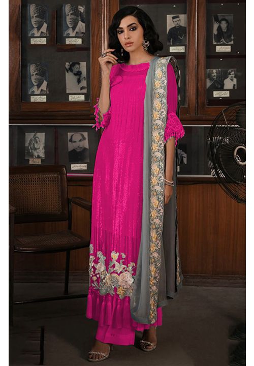 Hot Pink Georgette Evening Party Palazzo Suit SFABC13442 - ShreeFashionWear  