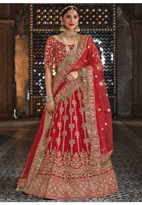 Hot Red Bridal Indian Wedding Lehenga Choli In Velvet SRSA352003