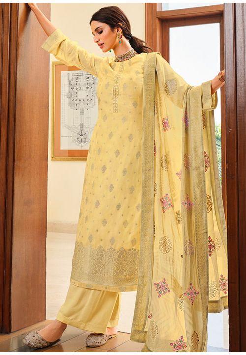 Hot Yellow Dola Silk Wedding Plussize Palazzo Suit  EXSTL14105 - ShreeFashionWear  