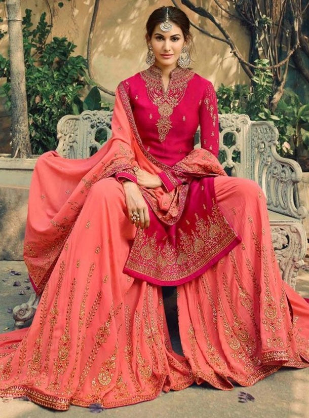 Hot Pink And Peach Satin Georgette Palazzo Suit SY1379 - ShreeFashionWear  