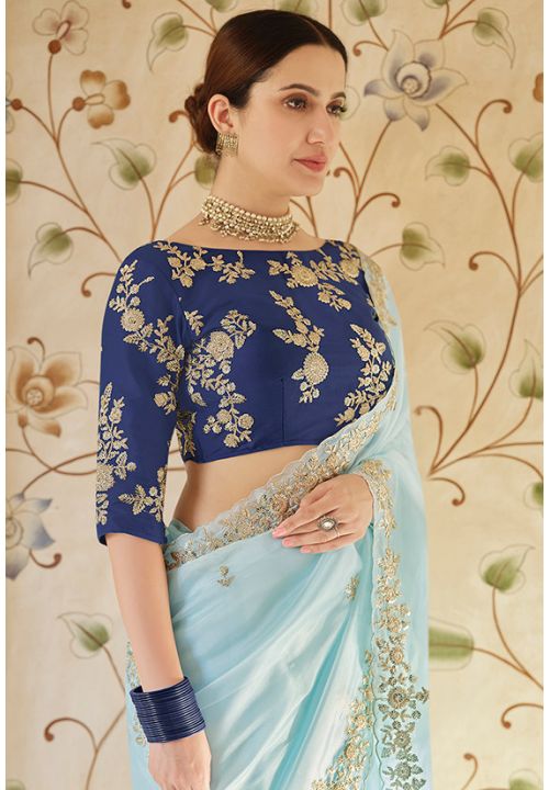 Ice Blue Floral Linen Top Dyed Handloom Saree - Khiyara Fashion