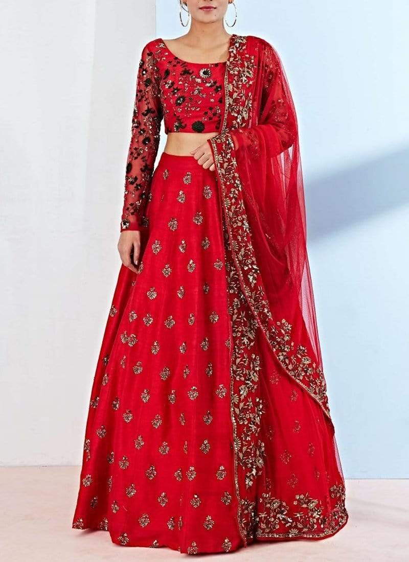 Indian Red Silk Crystal Diamond Wedding Dress SFIN004 - ShreeFashionWear  