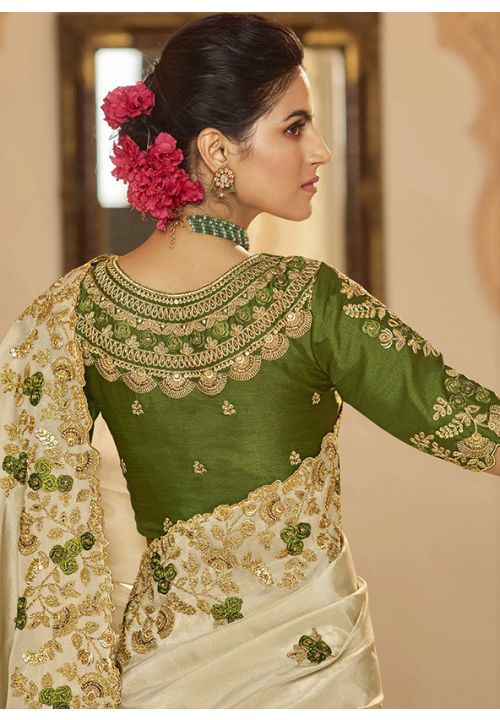 Ivory Green Viscose Bridesmaid Designer Saree SFYMK5408 - ShreeFashionWear  