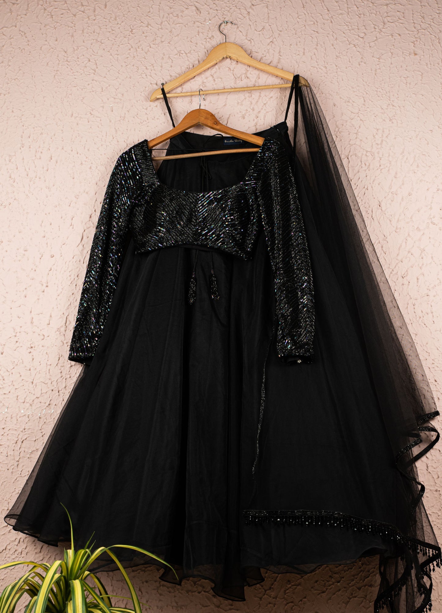 Black Organza Evening Lehenga Choli Set Sequin Blouse SHRINR9083 - ShreeFashionWear  