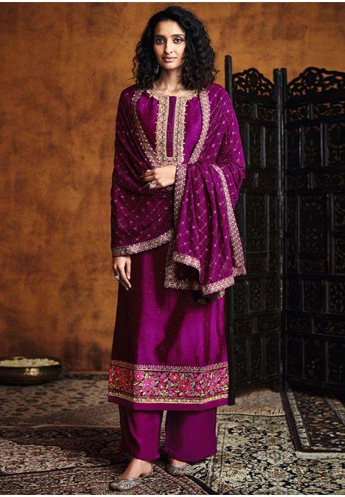 Magenta Purple Sangeet Silk Palazzo Suit Hand Embroidery Work SFYS65701 - ShreeFashionWear  