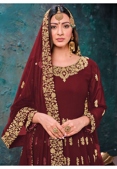 Maroon Indian Pakistani Wedding Anarkali Sangeet Gown SFDFS14204 - ShreeFashionWear  