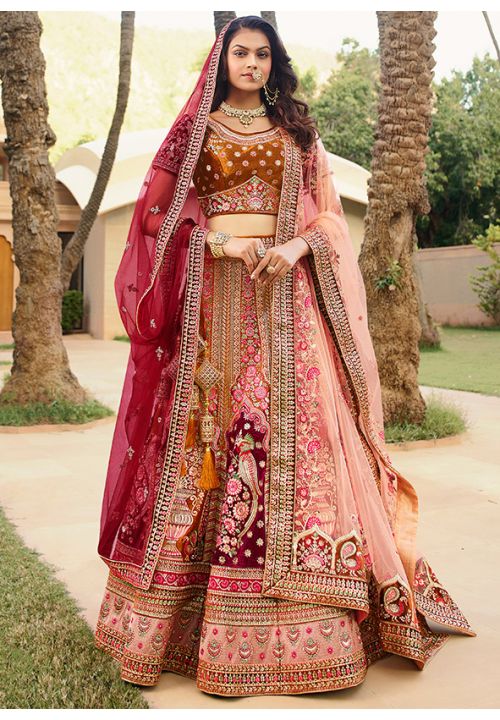 Maroon Velvet Indian Bridal Lehenga Choli Set SFSA280701 - ShreeFashionWear  