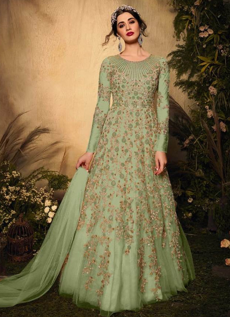 Mehendi Green Net Florance Long Length Anarkali Bridal Gown FZ90714 - ShreeFashionWear  