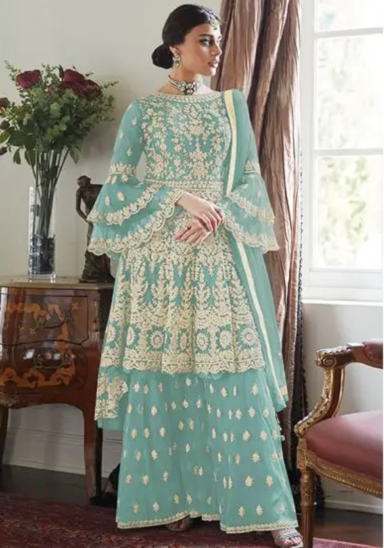 Mint Blue Wedding Palazzo Suit In Net Heavy Embroidery Work SFYS50104J - ShreeFashionWear  