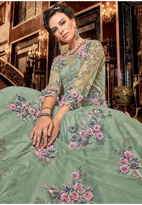 Mint Green Bridal Anarkali Gown In Net  SFSWG5702BB - ShreeFashionWear  