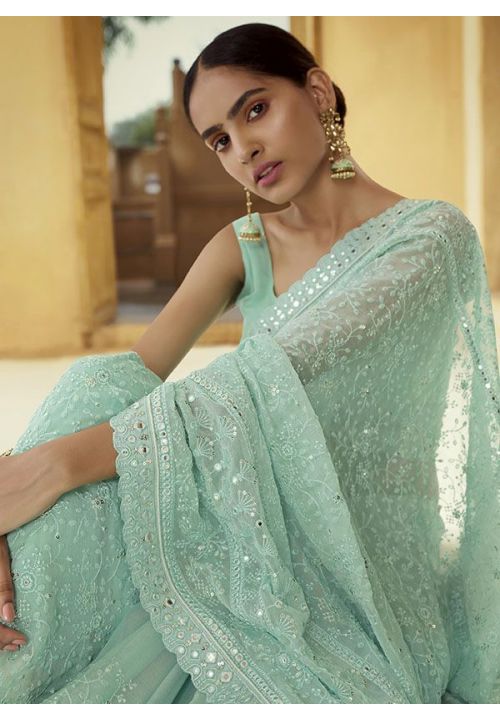 Mint Green Eri Silk Saree With Soft Banarasi Jacquard Blouse