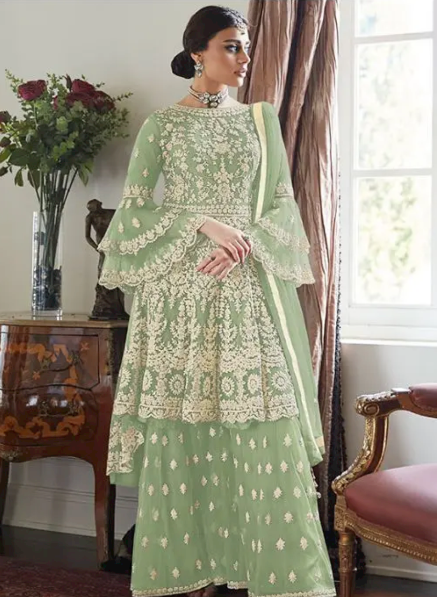 Mint Green Wedding Palazzo Suit In Net Heavy Embroidery Work SFYS50104F - ShreeFashionWear  