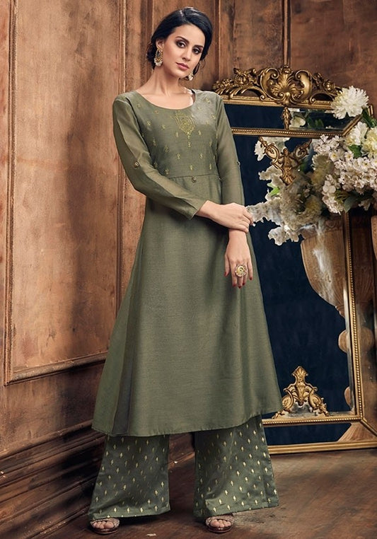 Moss Green Color Silk Fabric Palazzo Suit SY25429 - ShreeFashionWear  