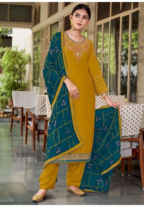 Mustard Yellow Wedding Banarasi Art Silk Palazzo Suit Salwar Pants SFSA277201 - ShreeFashionWear  