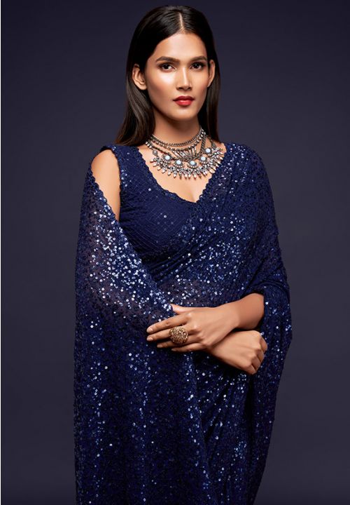 Navy Blue Cocktail Wedding Party Saree Fully Sequined In Georgette SFZC1311 - ShreeFashionWear  